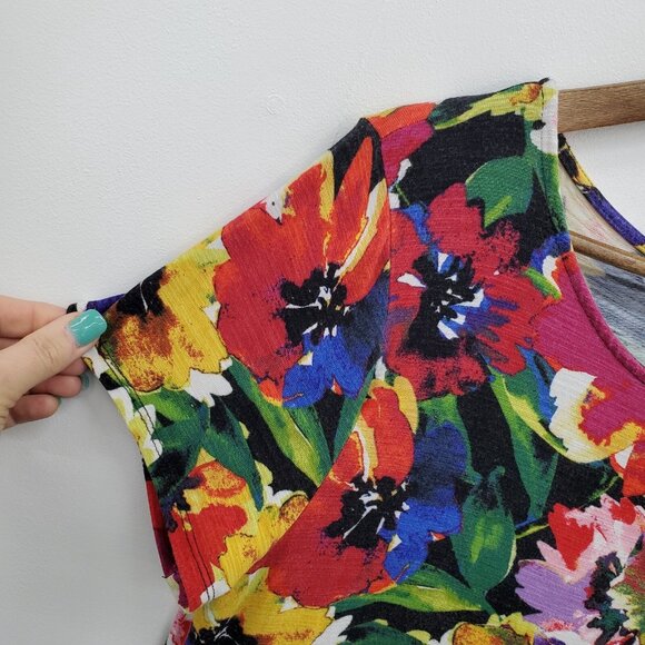 Cupio Multicolor Floral Print Short Sleeve Top XL Stretch Asymmetrical Hem - Picture 7 of 13